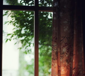Ξύλινο παράθυρο με ένα δέντρο έξω